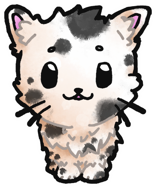 a drawing of a small white kitten with black spots sitting and looking at you